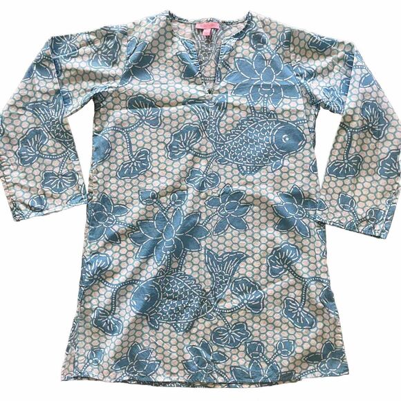 LILLY PULITZER Fish Lotus Pond Print Tunic Style Dress Blue White Girl’s Size L - Picture 1 of 3